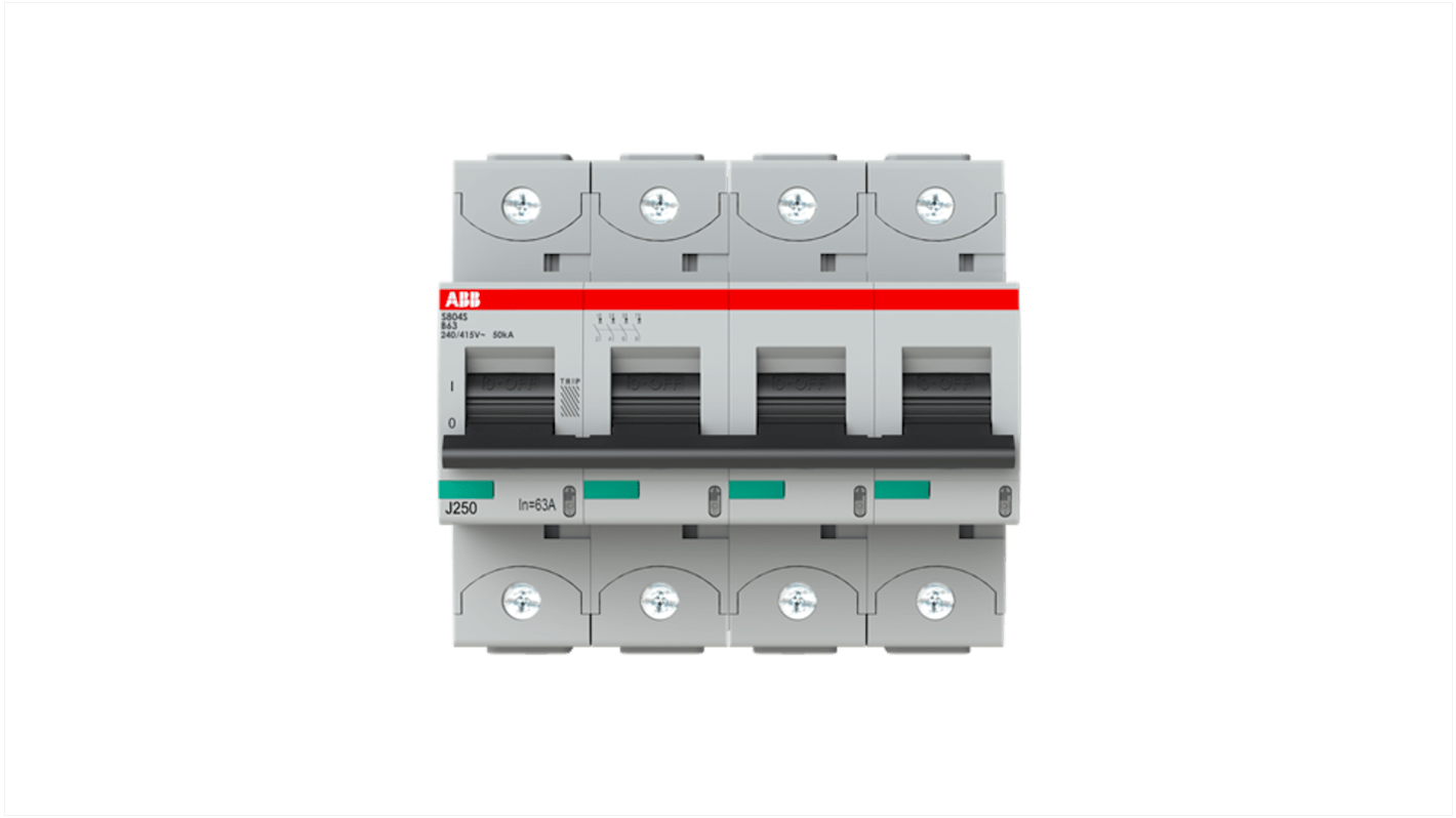 ABB S800S MCB, 4P, 63A Curve B, 240V AC, 50 kA Breaking Capacity
