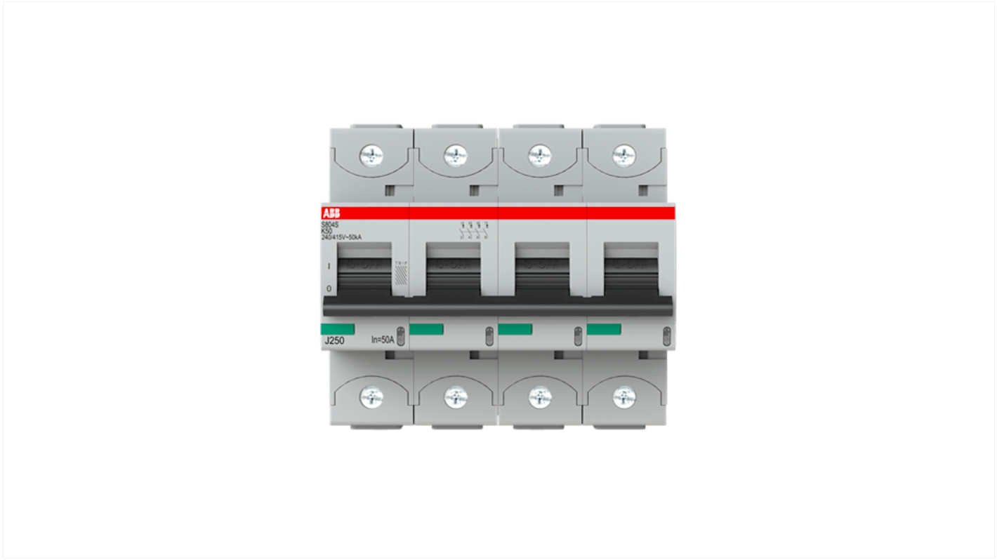 ABB S800S MCB, 4P, 50A Curve K, 240V AC, 50 kA Breaking Capacity