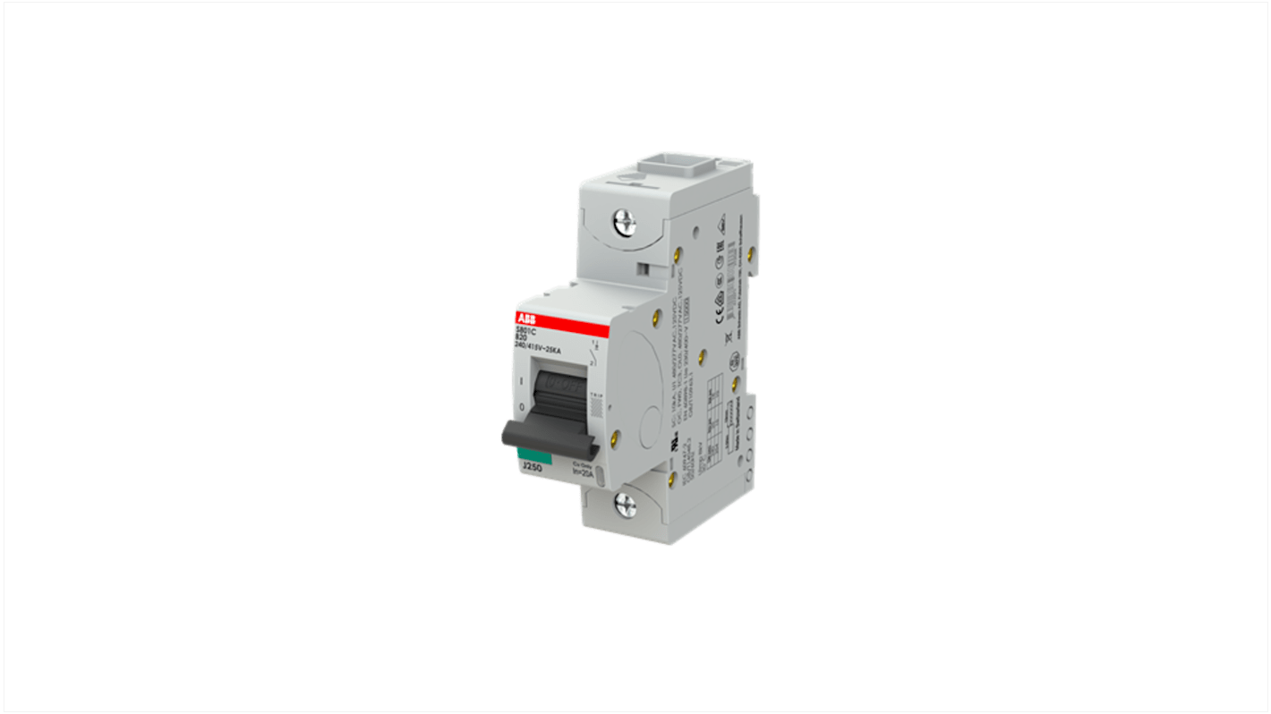 ABB S801C MCB, 1P, 20A Curve B, 400V AC, 25 kA Breaking Capacity