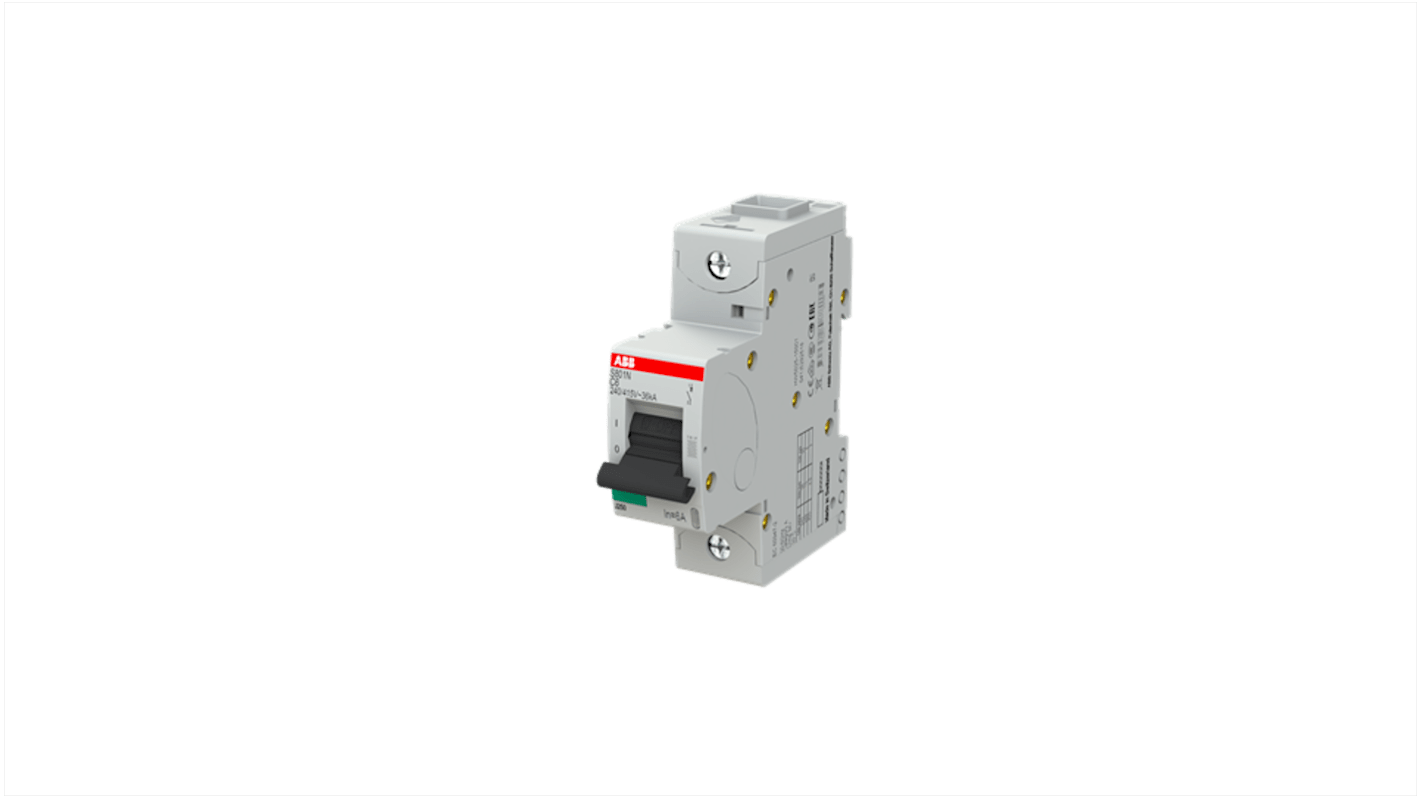 ABB S801N MCB, 1P, 6A Curve C, 400V AC, 36 kA Breaking Capacity