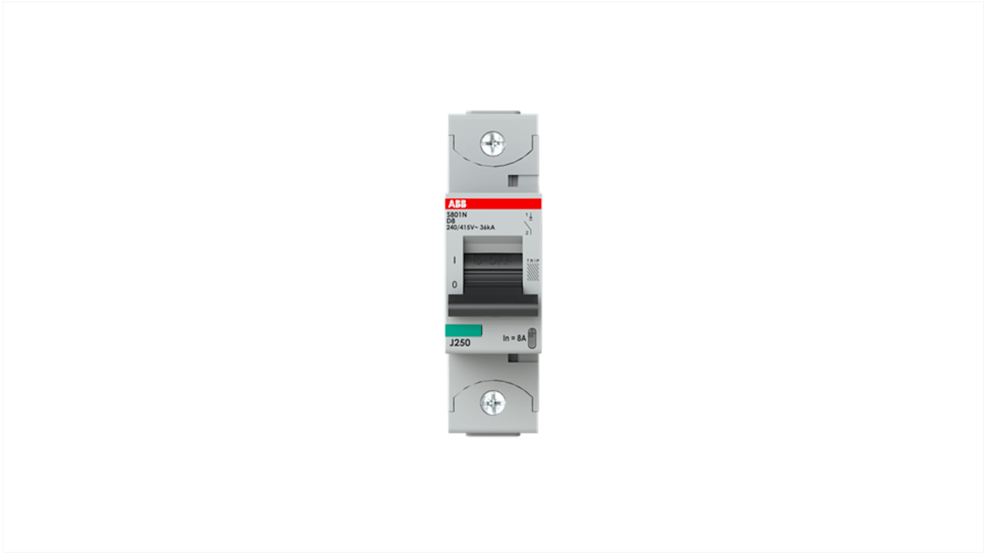 ABB S801N MCB, 1P, 8A Curve D, 400V AC, 36 kA Breaking Capacity