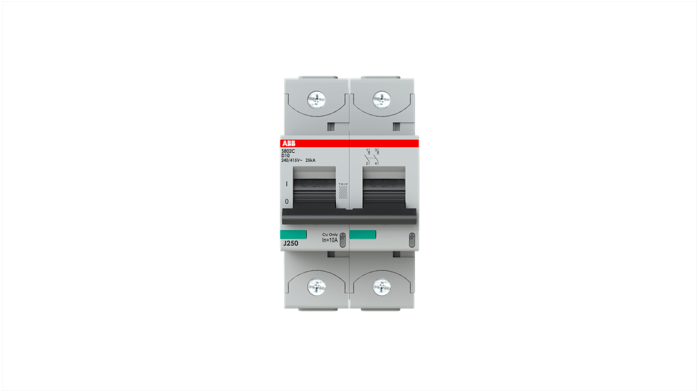 ABB S802C MCB, 2P, 10A Curve D, 415V AC, 25 kA Breaking Capacity