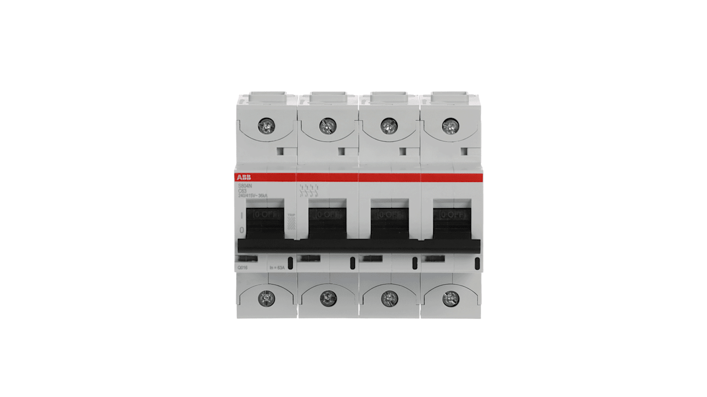 ABB S804N MCB, 4P, 63A Curve C, 690V AC, 36 kA Breaking Capacity