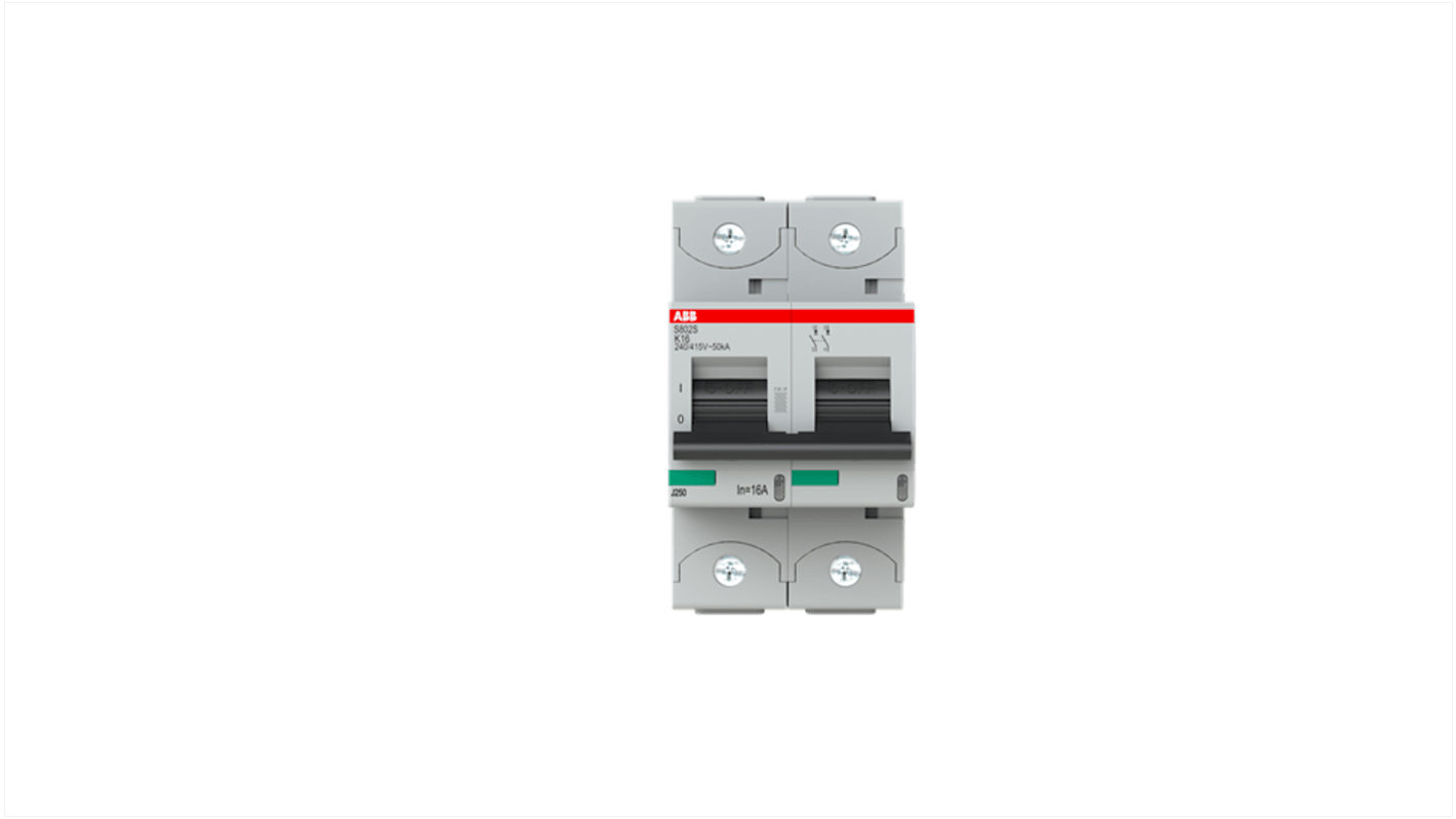 ABB S800S MCB, 2P, 16A Curve K, 240V AC, 50 kA Breaking Capacity