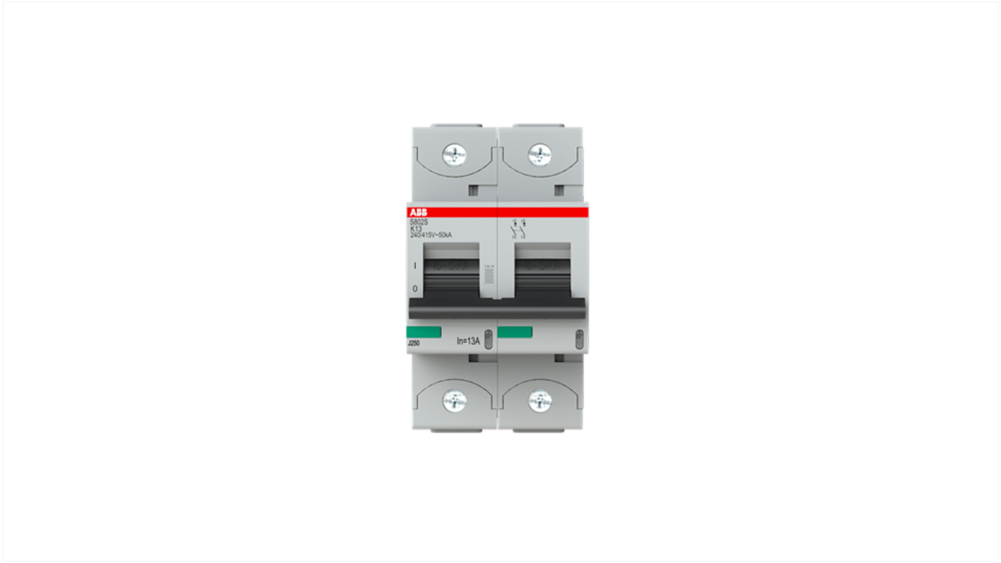 ABB S800S MCB, 2P, 13A Curve K, 240V AC, 50 kA Breaking Capacity