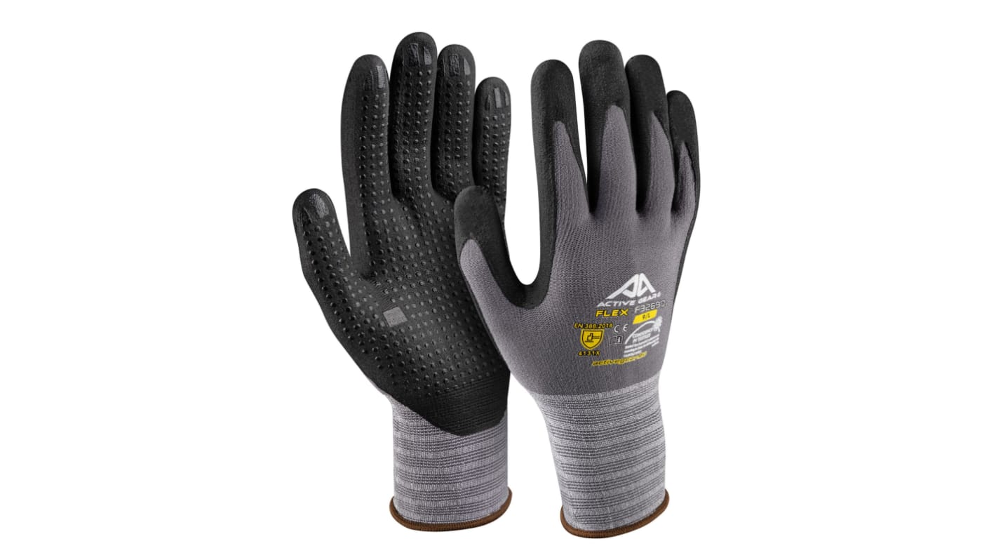 Active Gear F3270D Black, Grey Nylon Abrasion Resistant Work Gloves, Size 9 - L, Nitrile Micro-Foam Coating