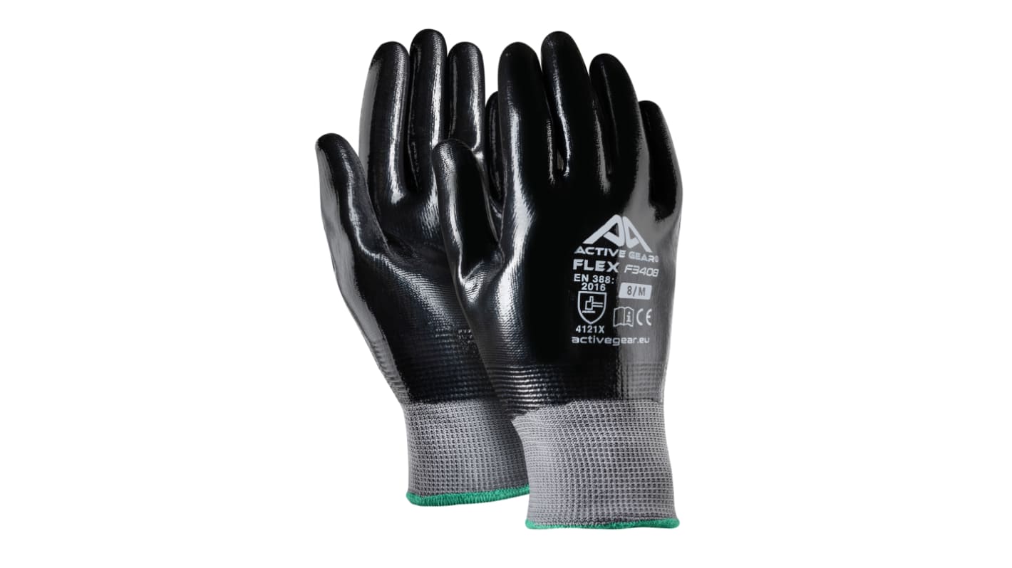 Active Gear F3410NP Black, Grey Polyester Abrasion Resistant Work Gloves, Size 8 - M, Nitrile Coating