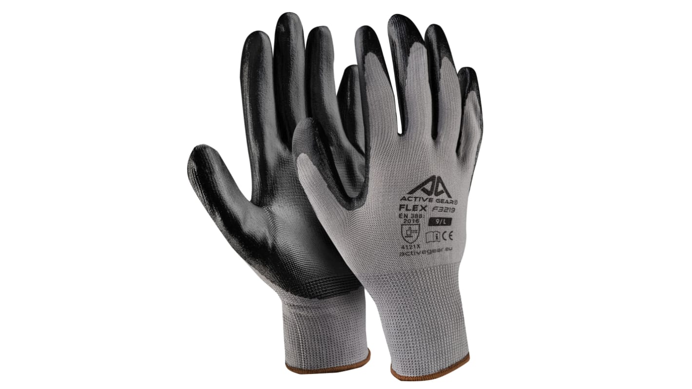 Active Gear F3220NP Black, Grey Nitrile Abrasion Resistant Work Gloves, Size 8 - M, Nitrile Coating