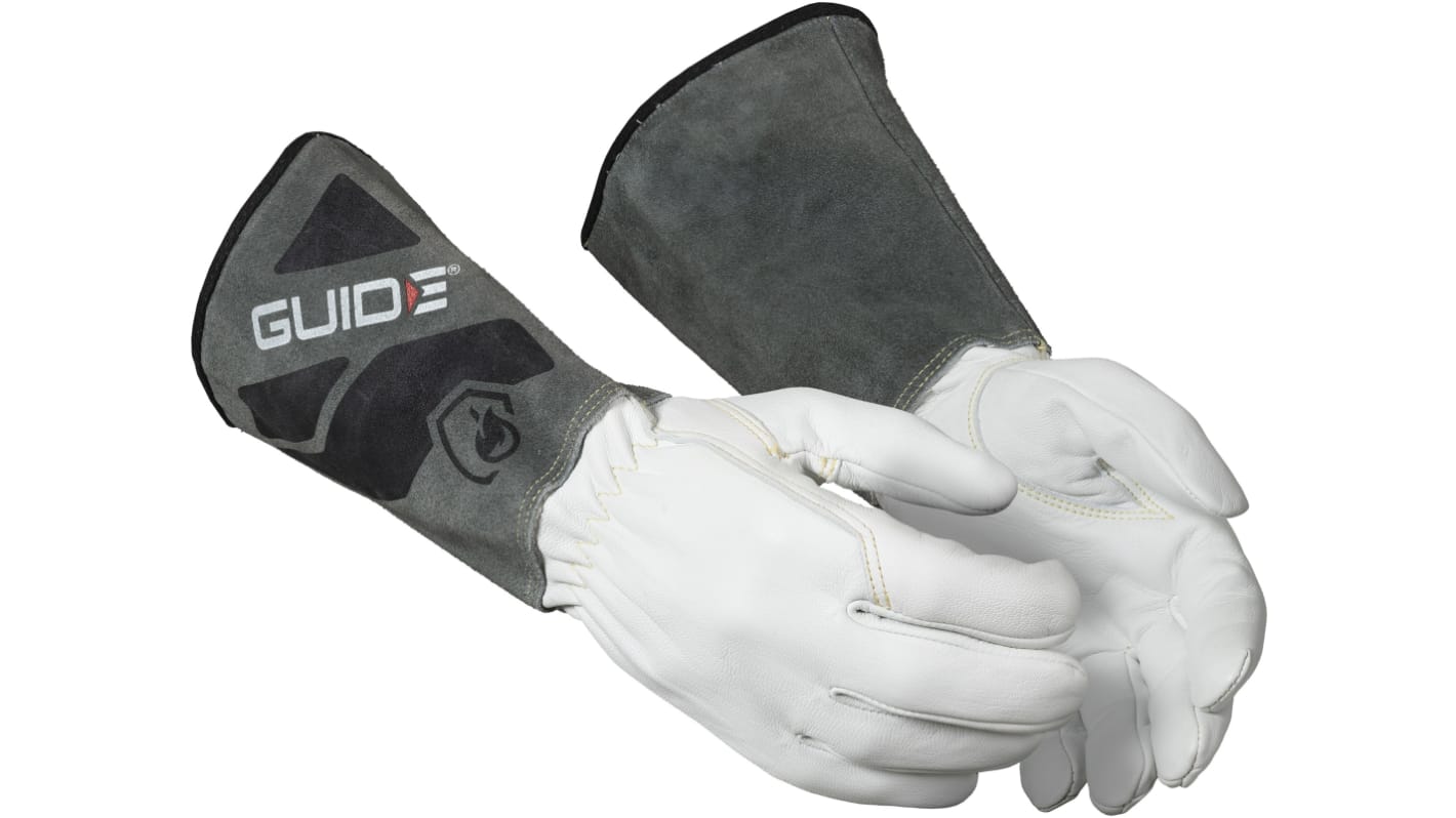 GUIDE GLOVES GUIDE 1270 Grey, White Leather Welding Gloves, Size 8