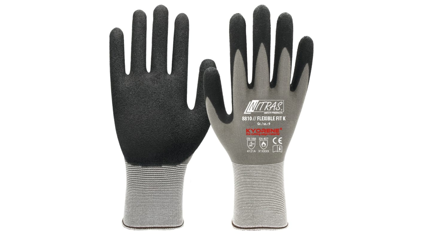 NITRAS SAFETY NITRAS FLEXIBLE FIT K Black, Grey Yarn Abrasion Resistant Gloves, Size 9, Nitrile Coating