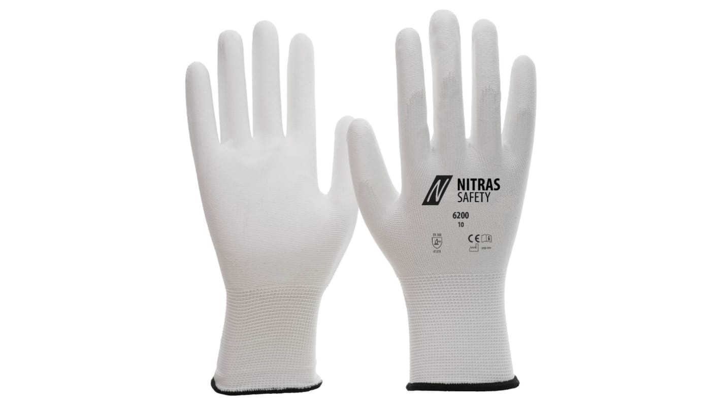 NITRAS SAFETY NITRAS White Nylon Abrasion Resistant Gloves, Size 7, Polyurethane Coating