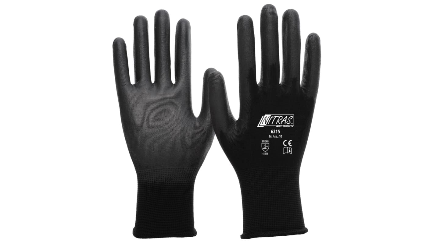 NITRAS SAFETY NITRAS Black Nylon Abrasion Resistant Gloves, Size 9, Polyurethane Coating