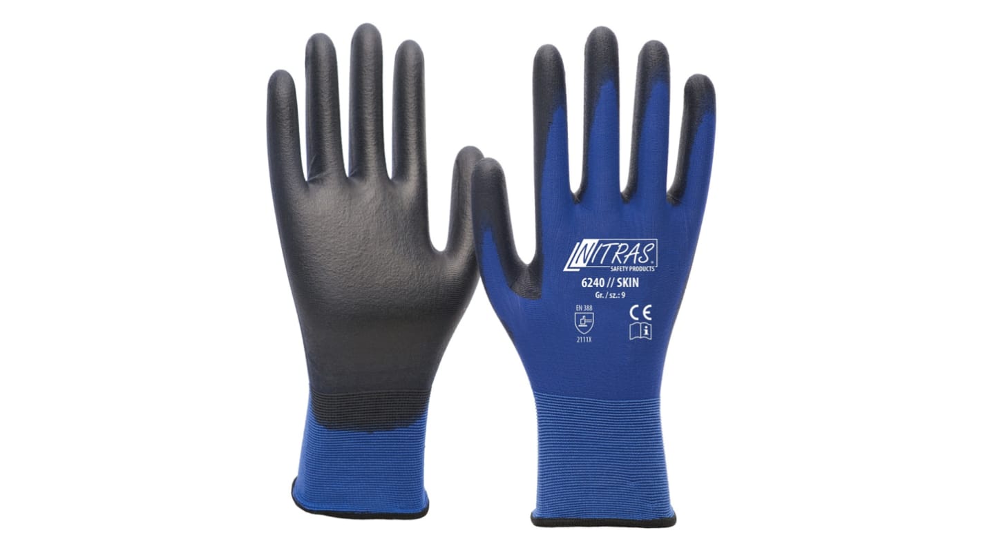 NITRAS SAFETY NITRAS SKIN Black, Blue Nylon Abrasion Resistant Gloves, Size 9, Polyurethane Coating