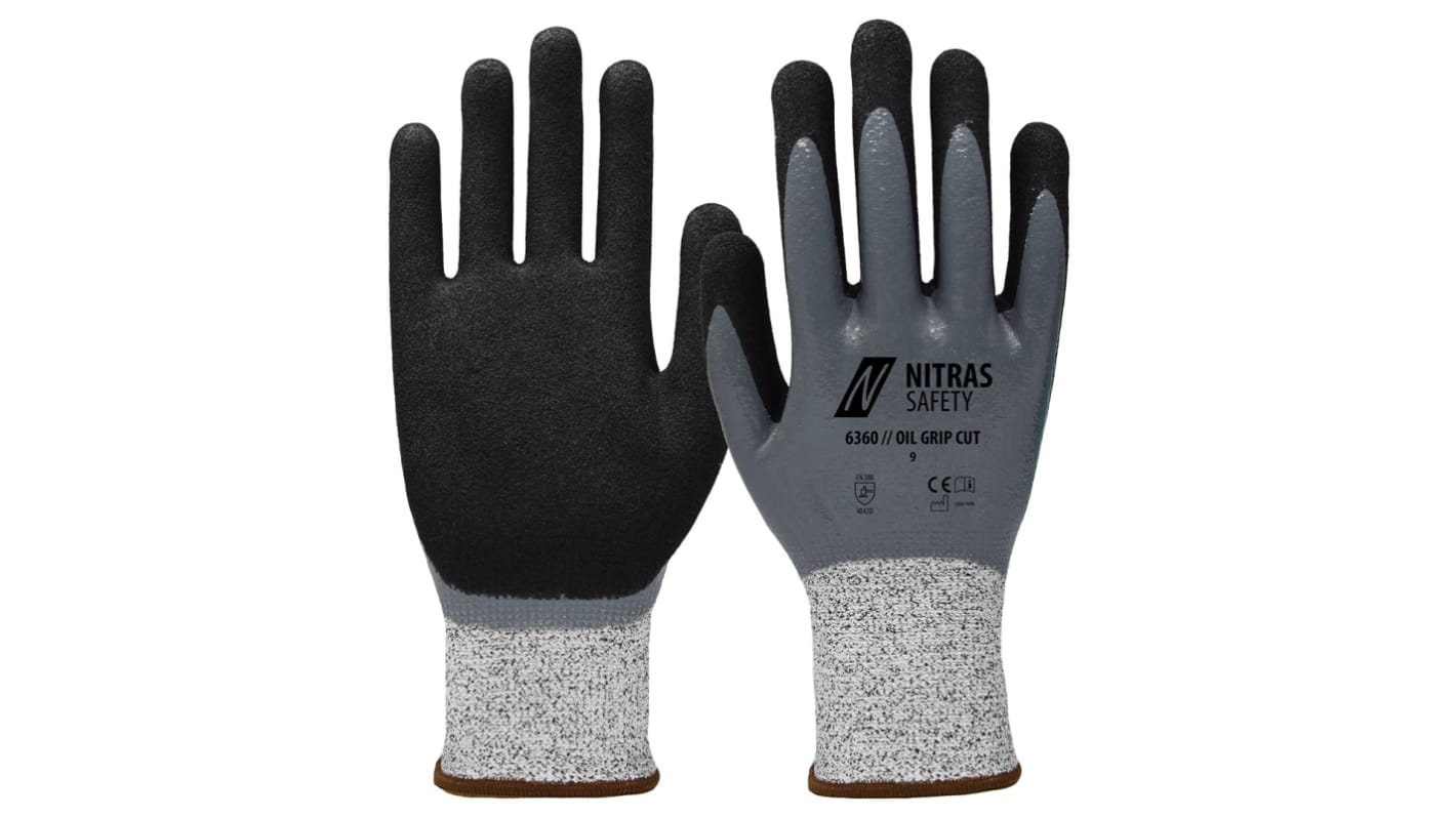NITRAS SAFETY NITRAS OIL GRIP CUT Black, Grey Yarn Cut Resistant Gloves, Size 9, Nitrile Coating