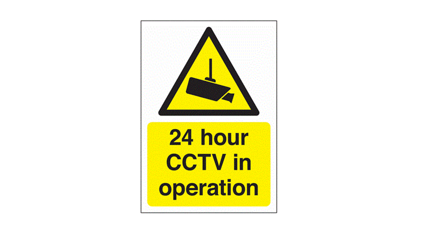 RS PRO Black/Yellow Polyester CCTV Sign, 24 hour CCTV in Operation, English, Ideal to Warning the Public that CCTV is