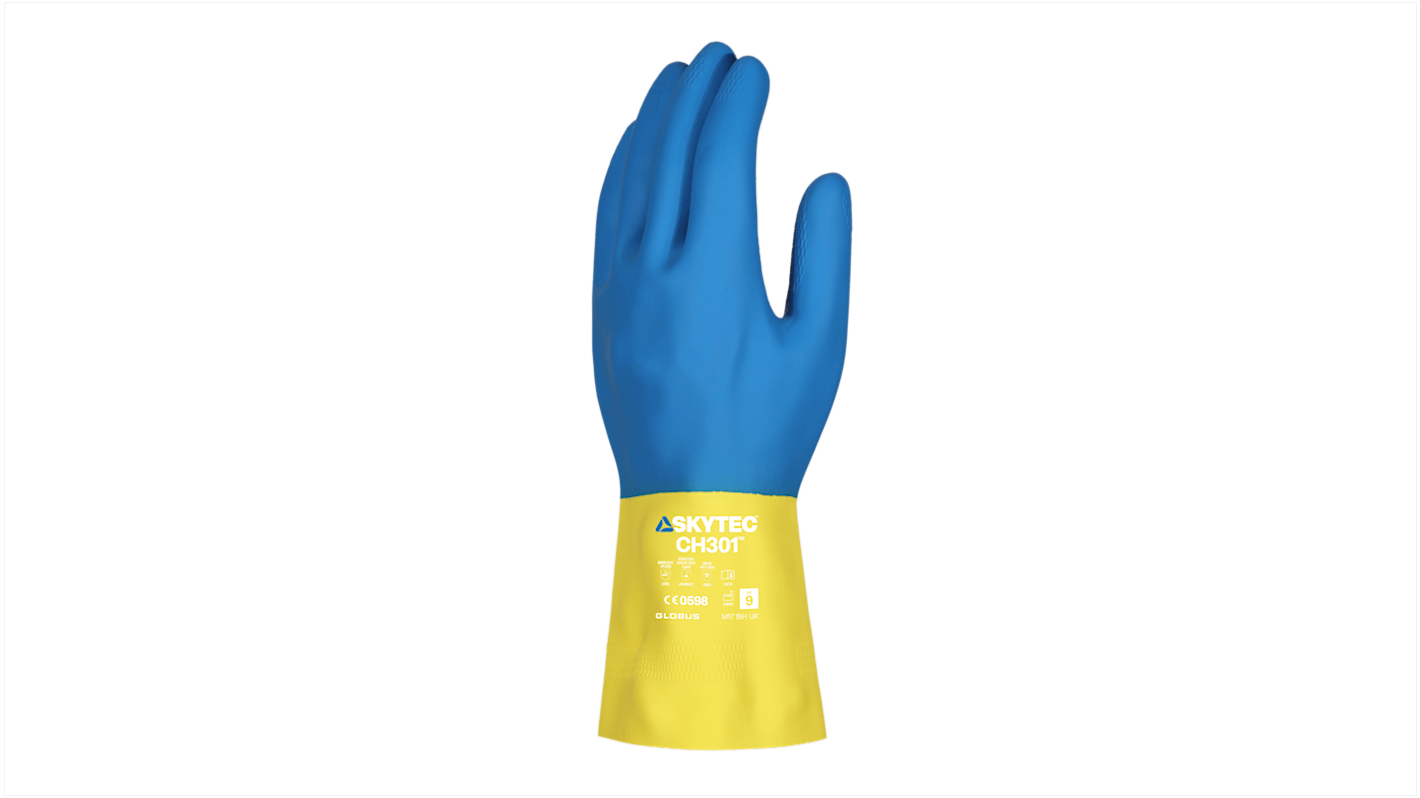 Skytec CH301 Blue, Yellow Cotton Chemical Resistant Gloves, Size 10, XL, Natural Rubber Coating