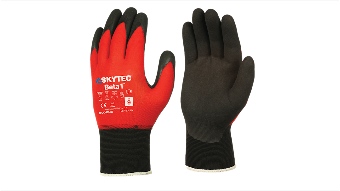 Skytec Beta 1 Black/Red Nylon, Spandex General Purpose Gloves, Size 7, S, Foam Nitrile Coating