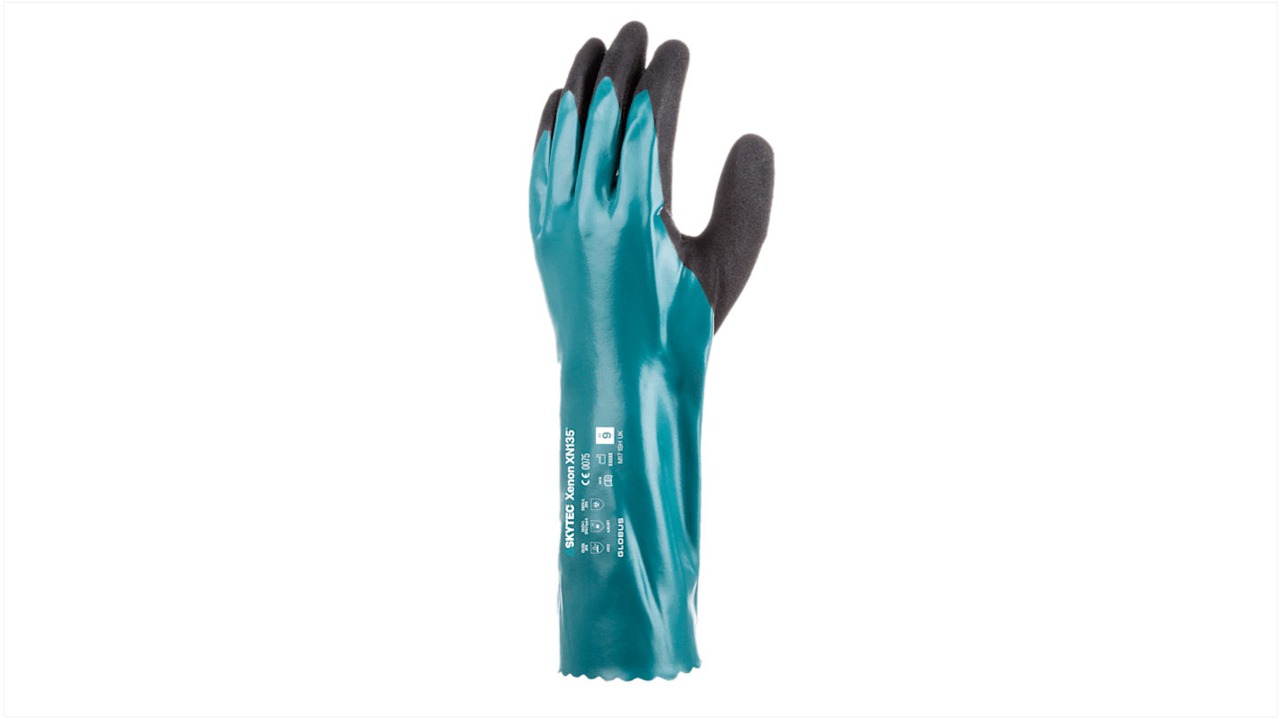 Skytec Xenon XN135 Black, Green Nylon Chemical Resistant Gloves, Size 8, M, Nitrile Coating
