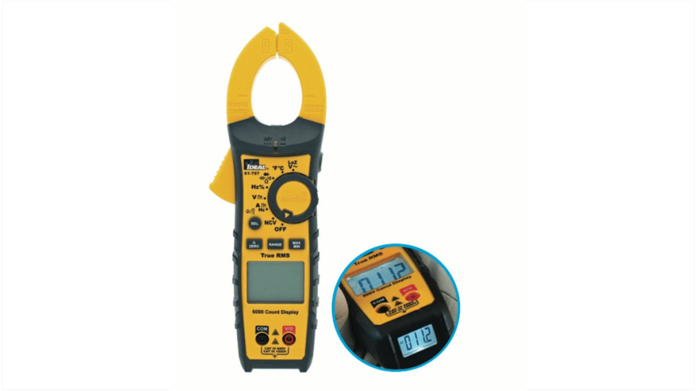 Ideal Industries 61-757 Clamp Meter, 600A dc, Max Current 600A ac CAT III 1000 V, CAT IV 600 V