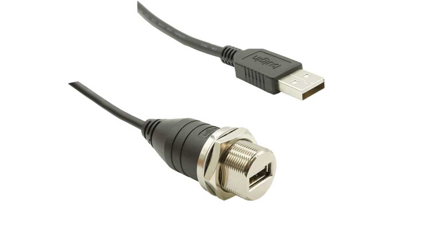 Bulgin USB 2.0, Female USB A to Male USB A, 1m