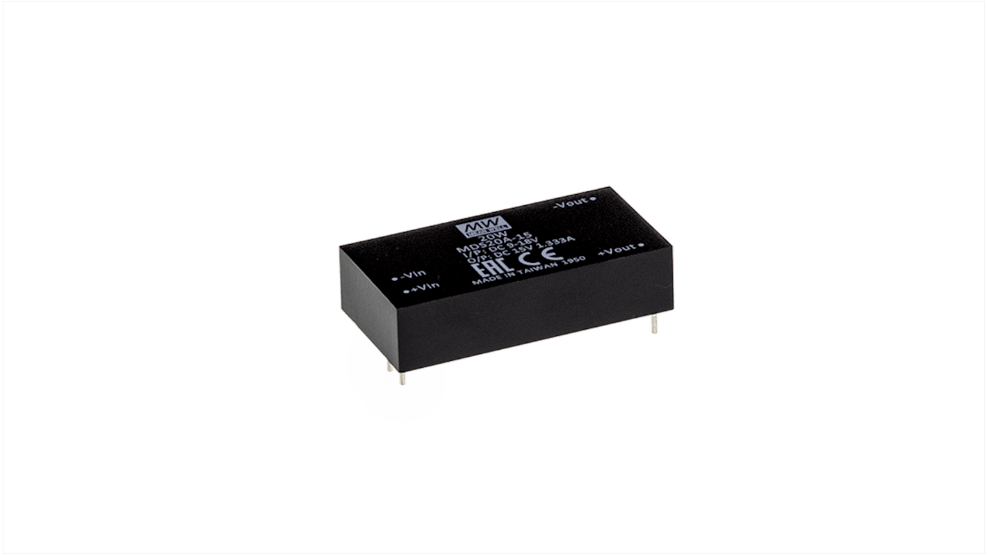 MEAN WELL MD DC-DC Converter, 15V dc/ 1.333A Output, 9 to 18 V dc Input, 20W, PCB Mount, +90°C Max Temp -40°C Min Temp