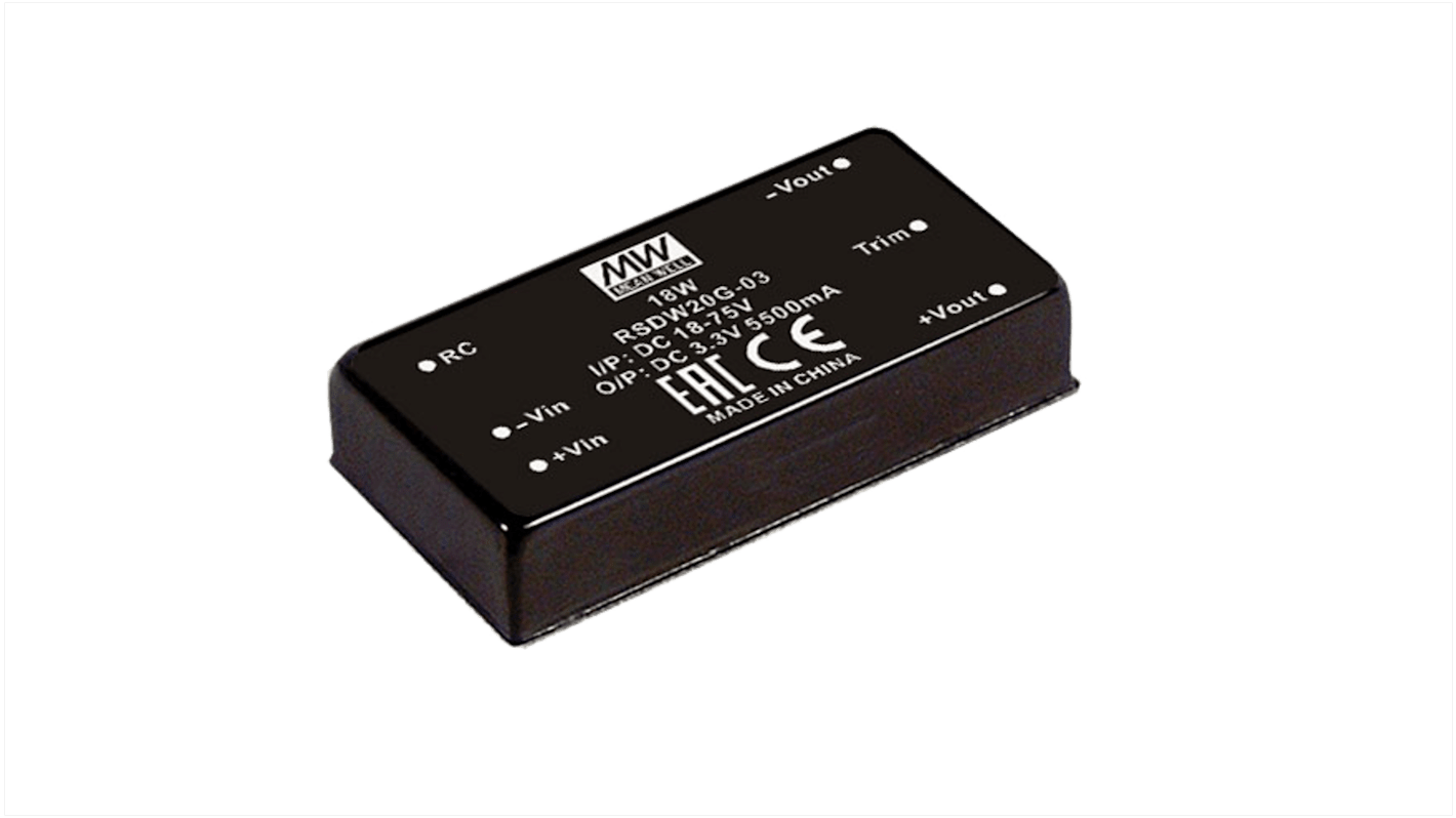 Przetwornica DC-DC, 20W, Uwe 9 do 36 V DC, Uwy 15V dc, Iwy 1.33A, MEAN WELL
