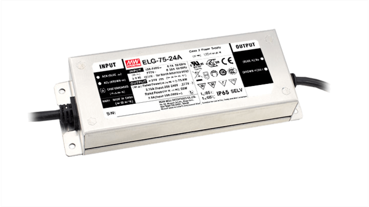MEAN WELL LED Driver, 24V Output, 75W Output, 3.15A Output, Constant Current / Constant Voltage Dimmable