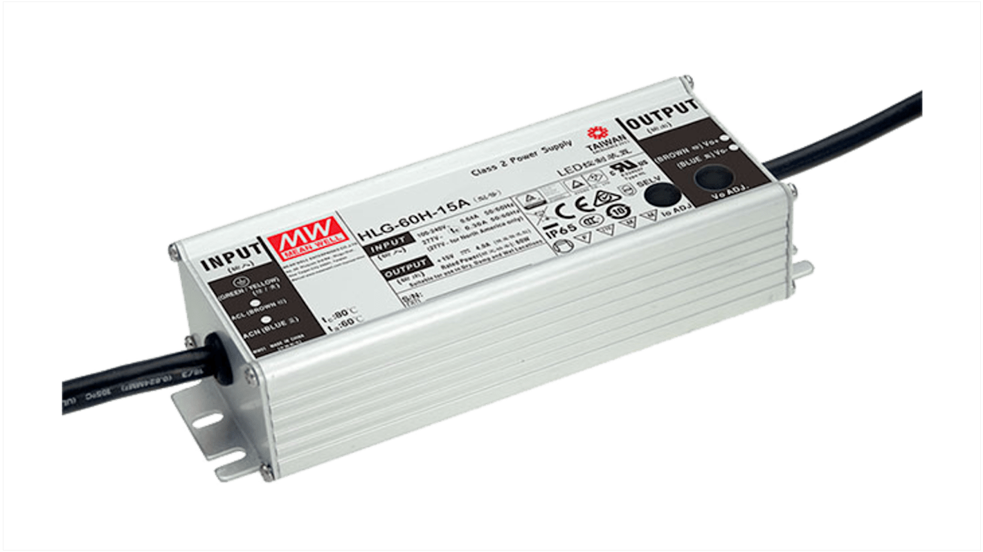 MEAN WELL LED Driver, 15V Output, 60W Output, 4A Output, Constant Current / Constant Voltage Dimmable