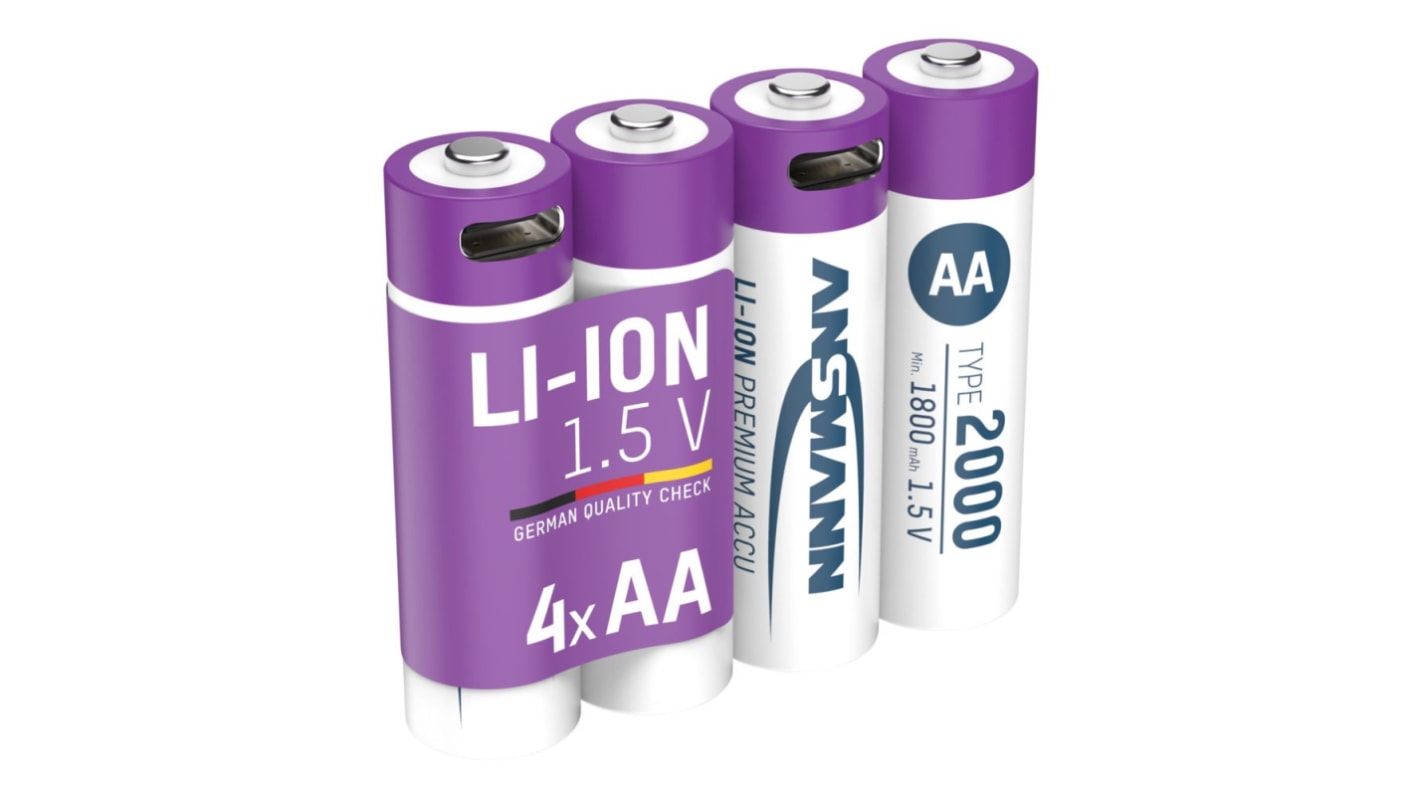 Ansmann Ansmann Li-Ion AA Lithium-Ion Rechargeable AA Batteries, 2Ah, 1.5V - Pack of 4