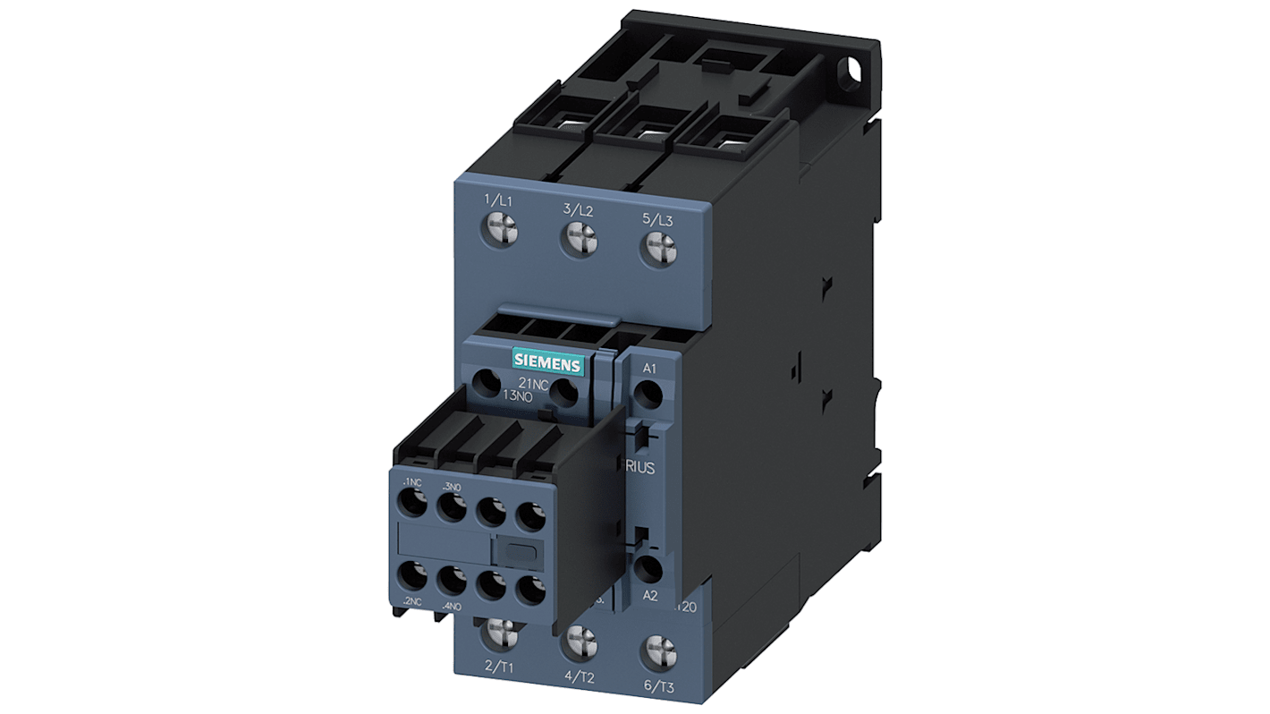 Siemens SIRIUS 3RT2 Contactor, 20 → 33 V Coil, 3-Pole, 65 A, 30 kW, 2 NO + 2 NC, 690 V