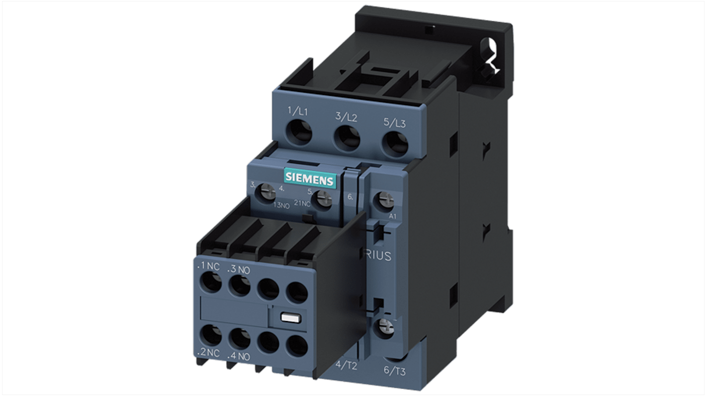 Contattore Siemens, serie 3RT2, 3 poli, 2 NA + 2 NC, 40 A, 11 kW, bobina 230 V CA