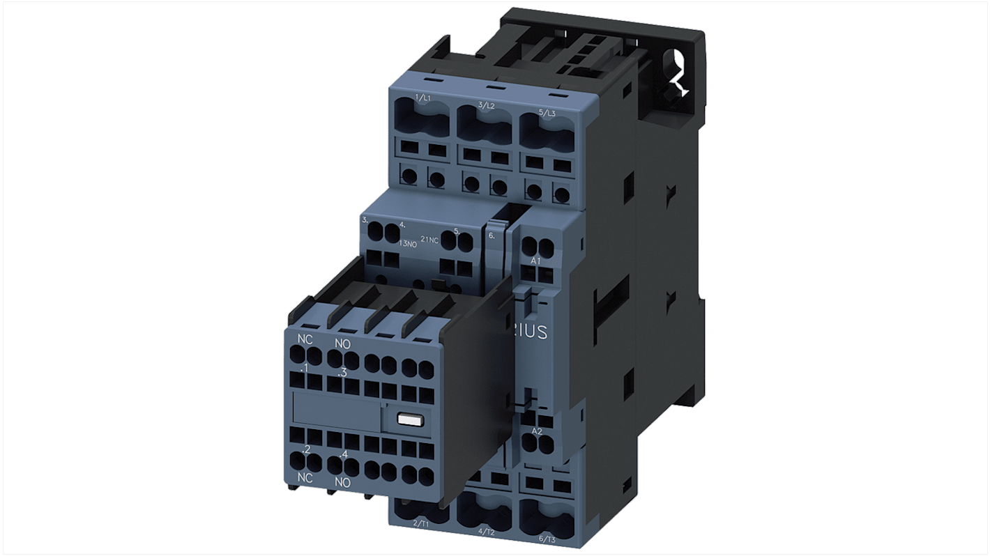 Siemens SIRIUS 3RT2 Contactor, 24 V Coil, 3-Pole, 38 A, 18.5 kW, 2 NO + 2 NC, 690 V