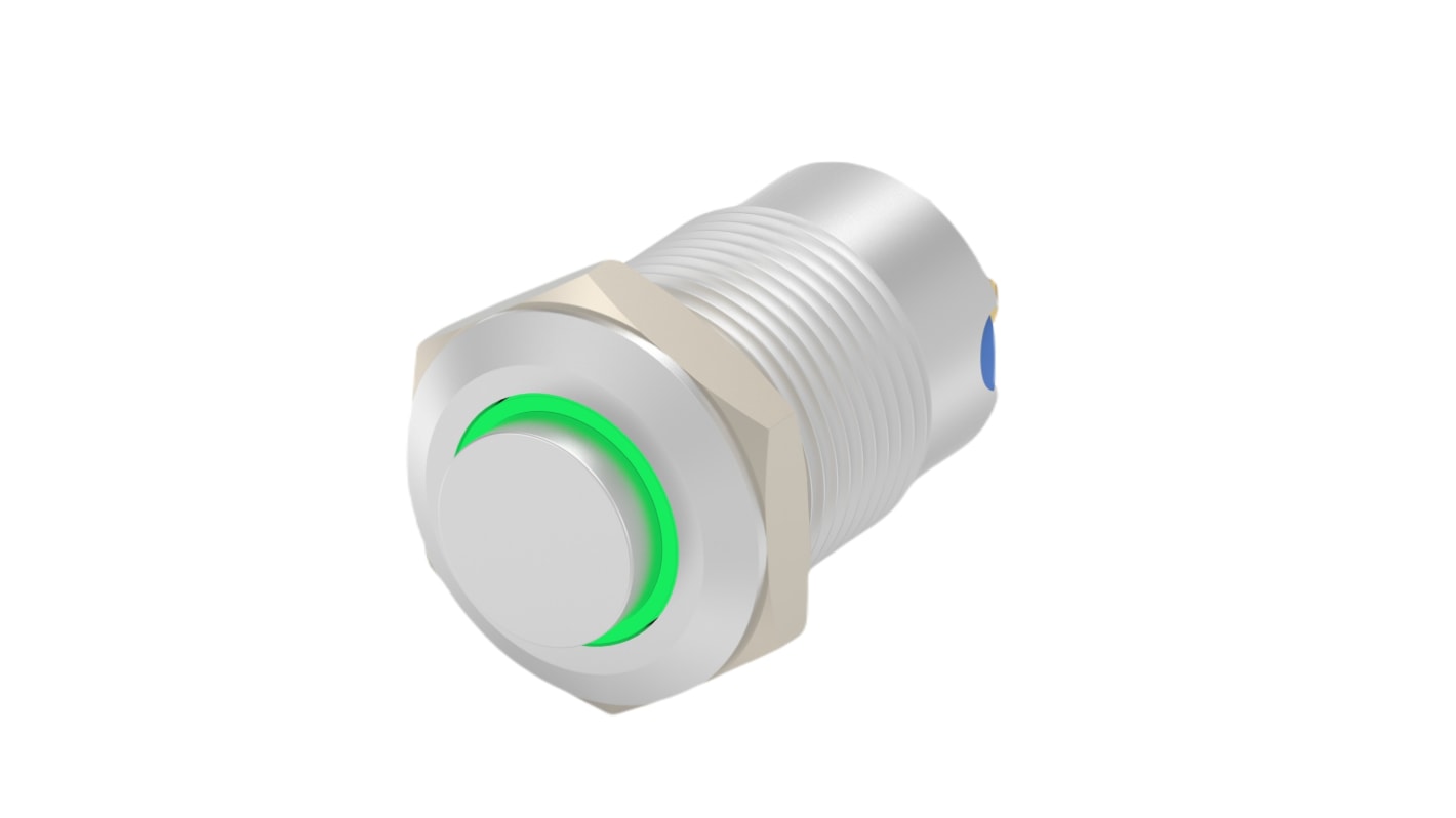 TE Connectivity AV12 Series Illuminated Push Button Switch, Momentary, Threaded, 9mm Cutout, SPST, Green LED, 12V, IP67