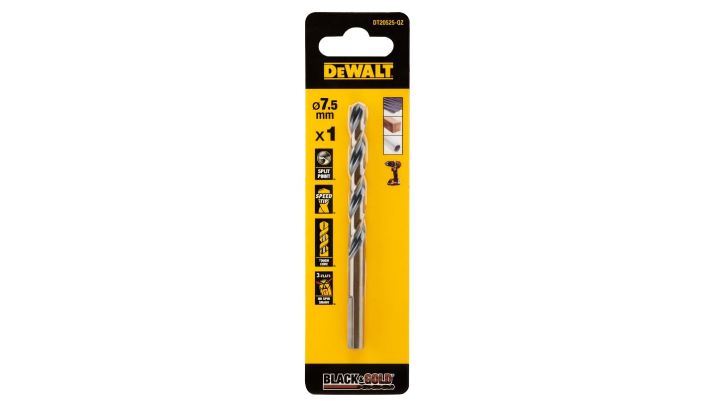 DeWALT DT205 Series HSS Twist Drill Bit for Metal, 7.5mm Diameter