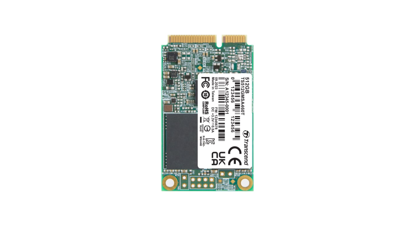 Transcend 512GB固态硬盘 SSD, mSATA, SATA III接口, 工业用, MO-300A, TS512GMSA460T, 3D TLC