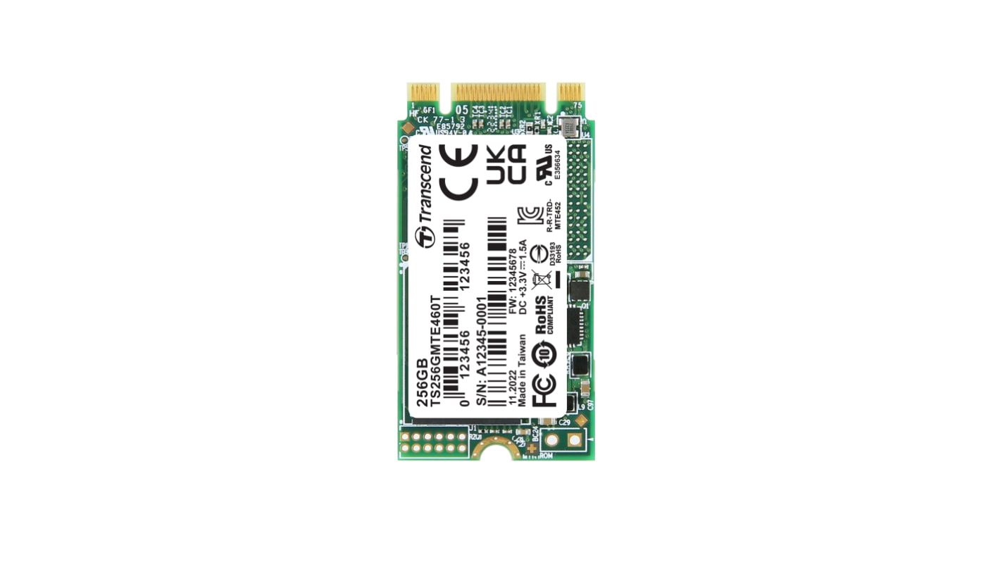 Transcend 256GB固态硬盘 SSD, PCIe NVMe Gen 3.0 x 2接口, 工业用, M.2 (2242), TS256GMTE460T, 3D TLC