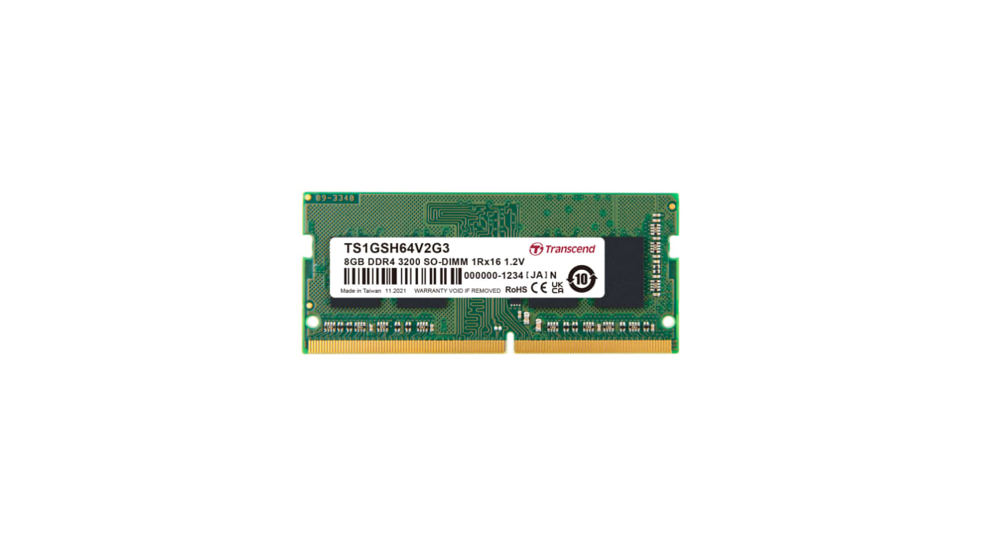 Transcend 台式机, 笔记本内存, 8 GB, DDR4, 3200Mbit/s, SODIMM插槽
