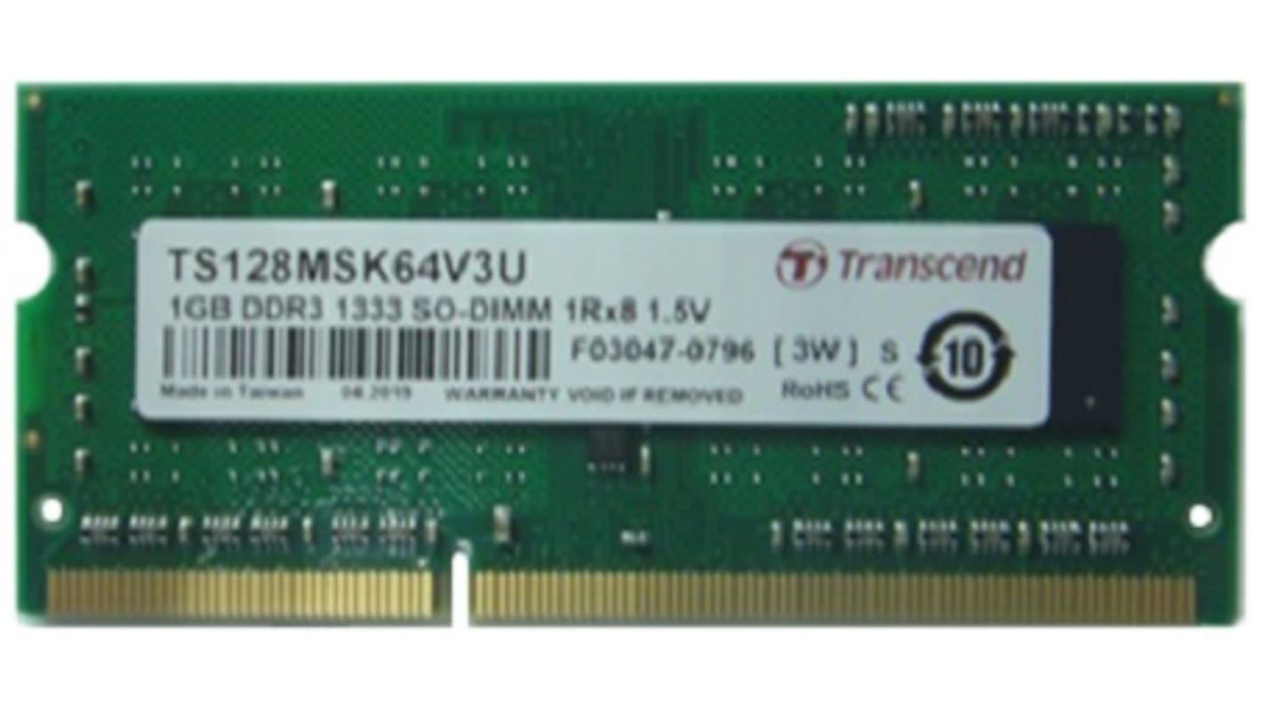 Transcend 台式机, 笔记本内存, 1 GB, DDR3, 1333Mbit/s, SODIMM插槽
