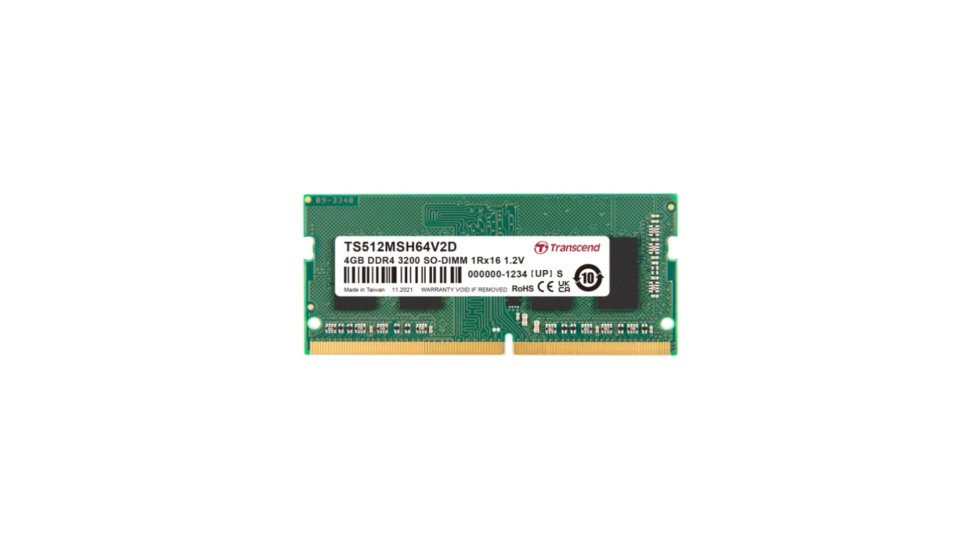 Transcend内存, 4GB, DDR4, 3200Mbit/s, SODIMM插槽