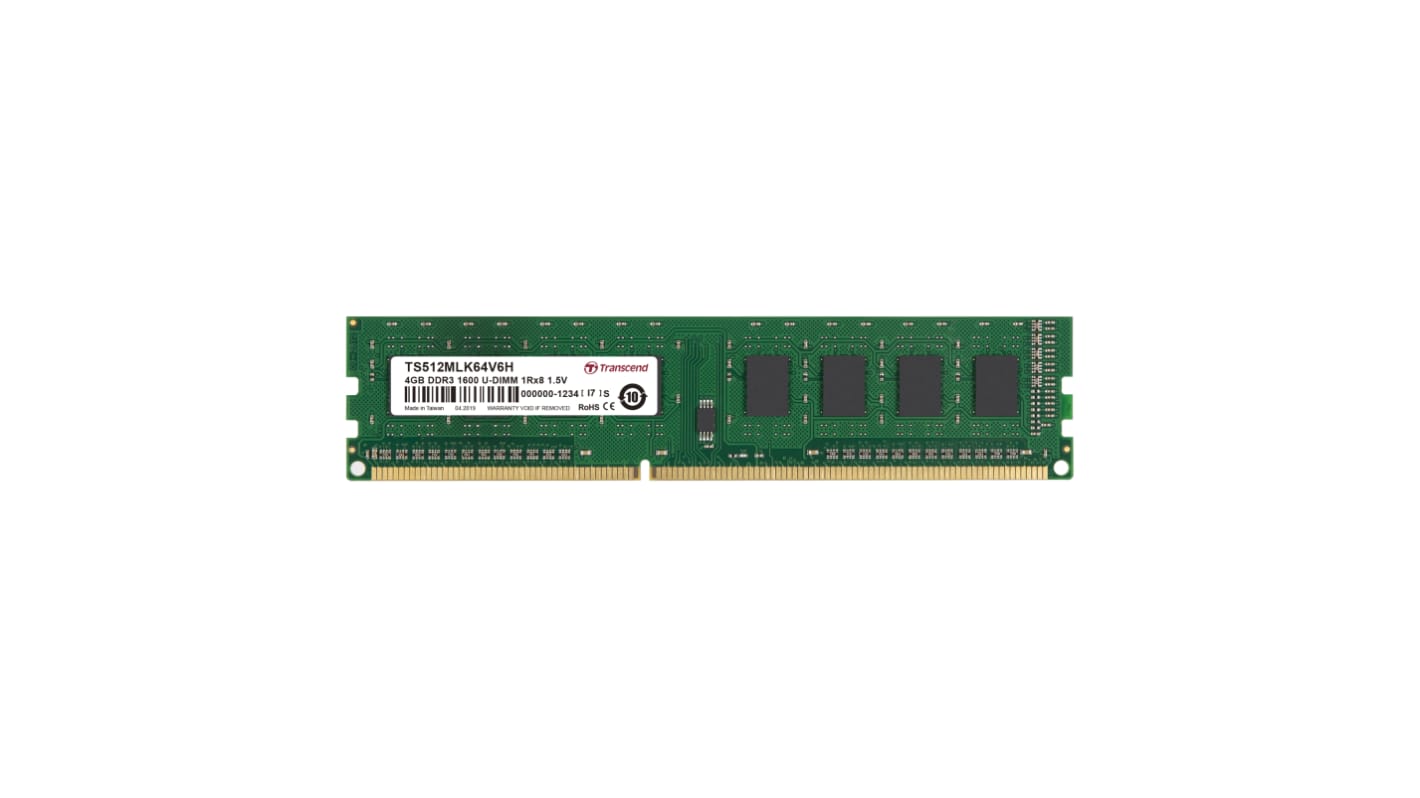 Transcend 台式机, 笔记本内存, 4GB, DDR3, 1600Mbit/s, UDIMM插槽