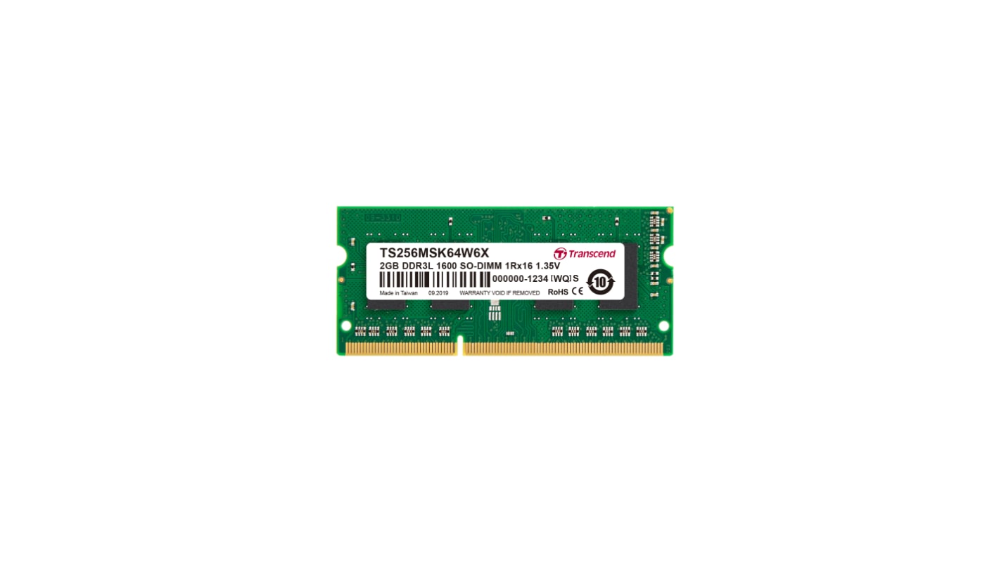 Transcend内存, 2 GB, DDR3L, 1600Mbit/s, SODIMM插槽