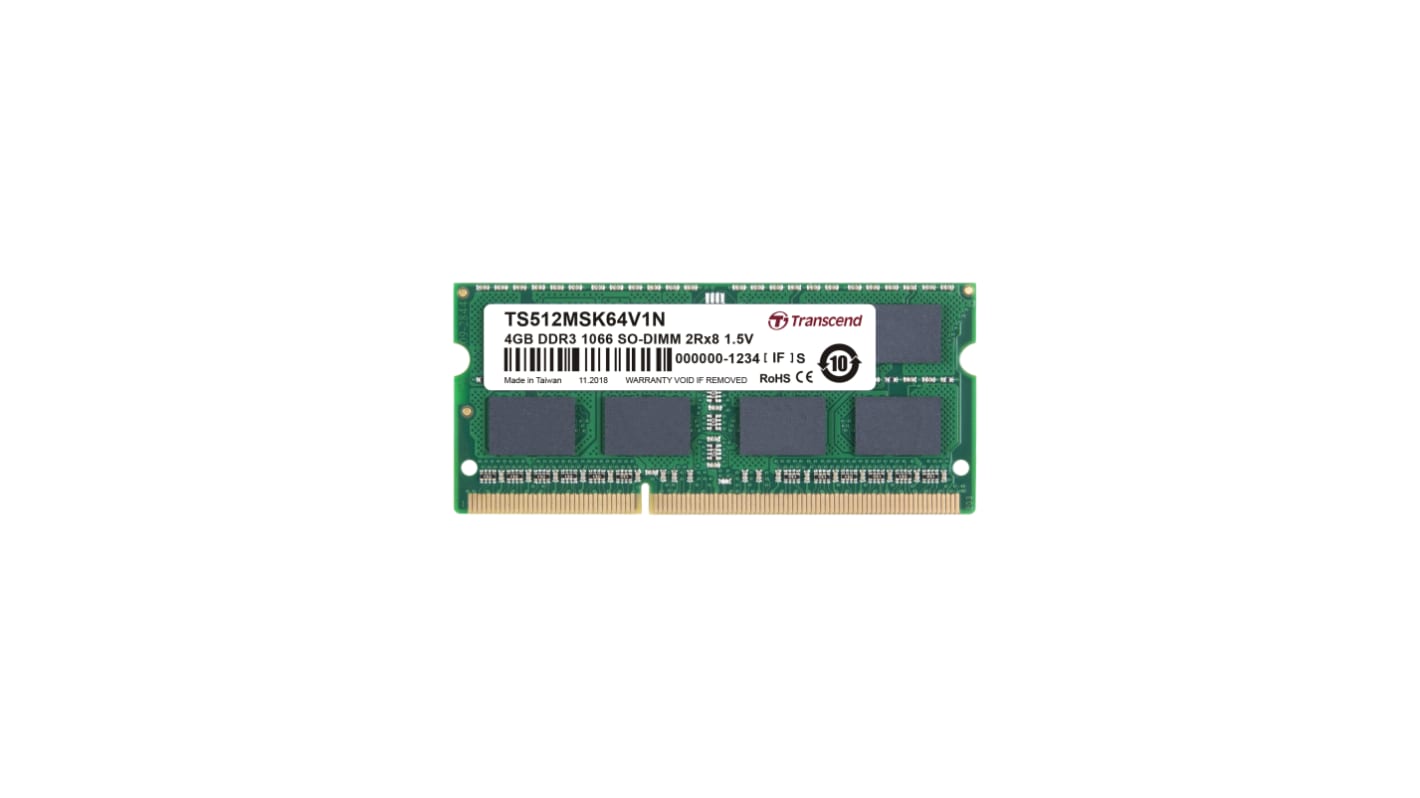 Transcend 4 GB DDR3 Desktop, Laptop RAM, 1066Mbit/s, SODIMM, 1.5V