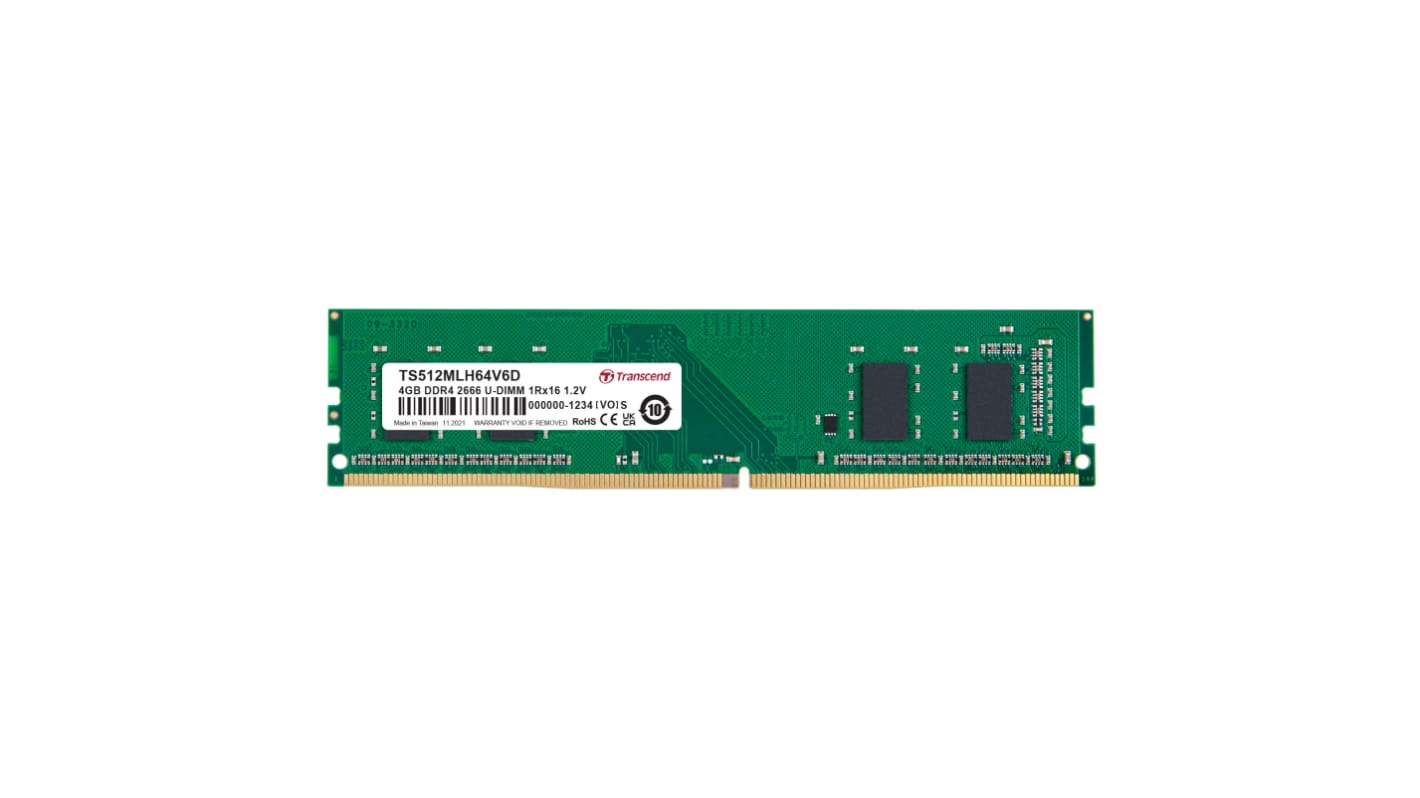 Transcend 台式机, 笔记本内存, 4GB, DDR4, 2666Mbit/s, UDIMM插槽