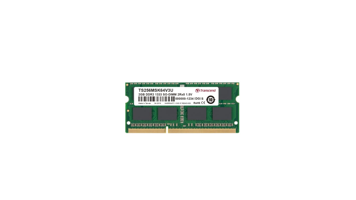 Transcend 台式机, 笔记本内存, 2 GB, DDR3, 1333Mbit/s, SODIMM插槽