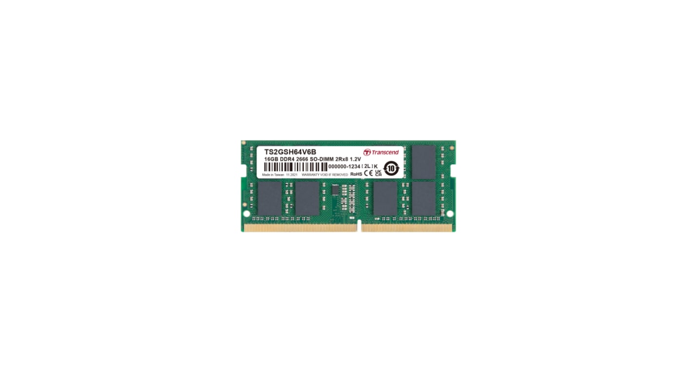 Transcend 台式机, 笔记本内存, 16GB, DDR4, 2666Mbit/s, SODIMM插槽