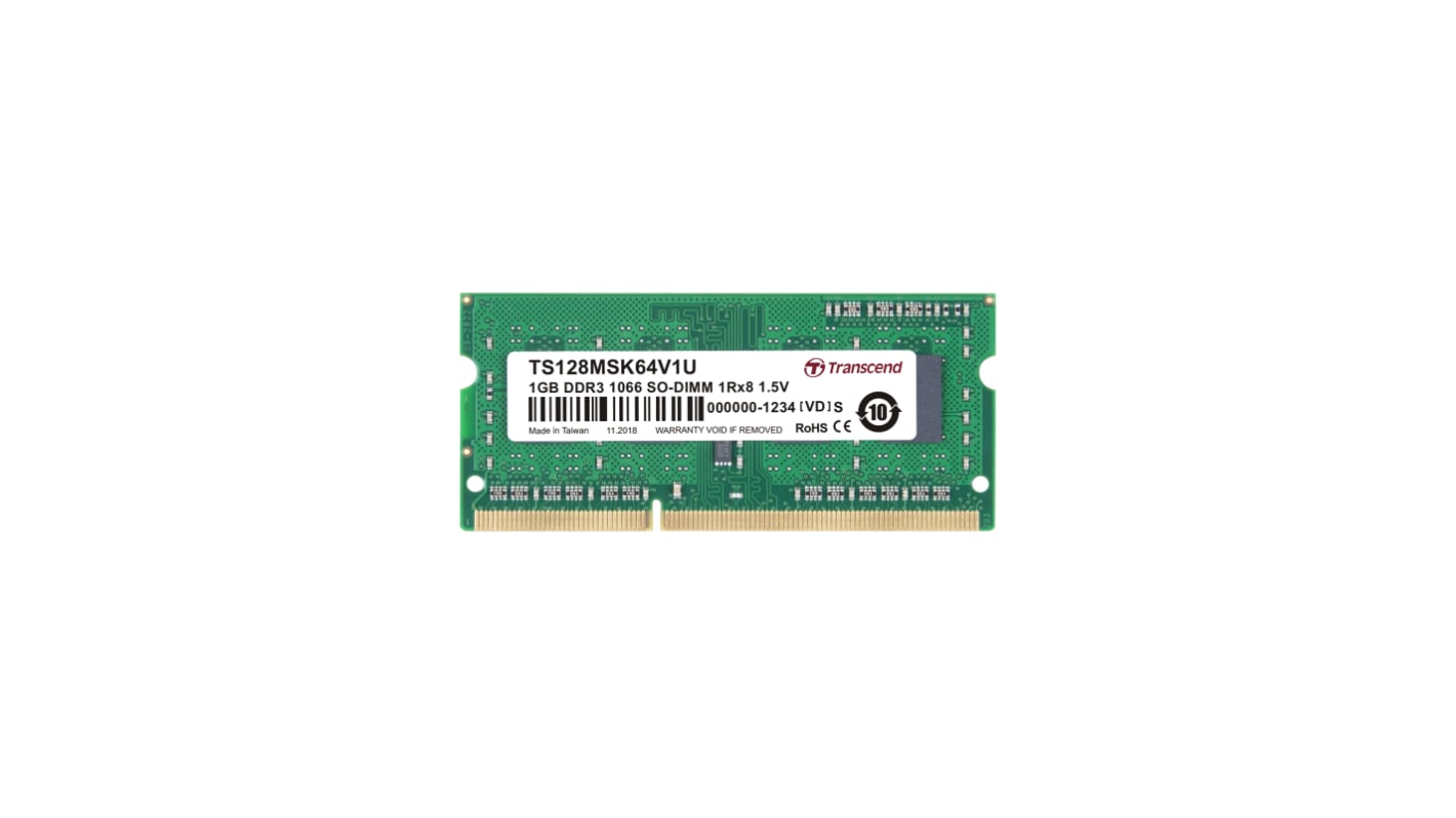 Transcend 1 GB DDR3 Desktop, Laptop RAM, 1066Mbit/s, SODIMM, 1.5V
