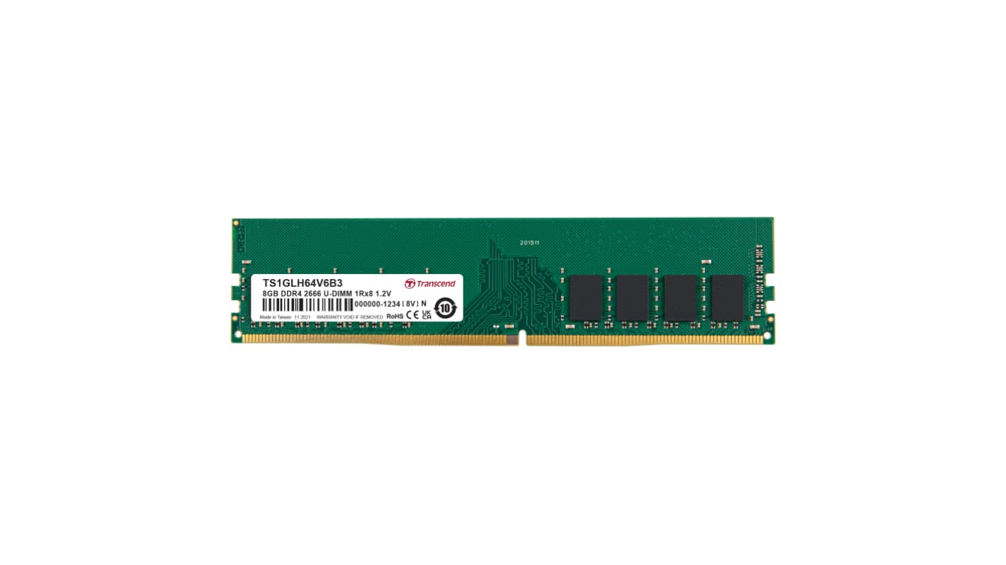 Transcend 台式机, 笔记本内存, 8 GB, DDR4, 2666Mbit/s, UDIMM插槽