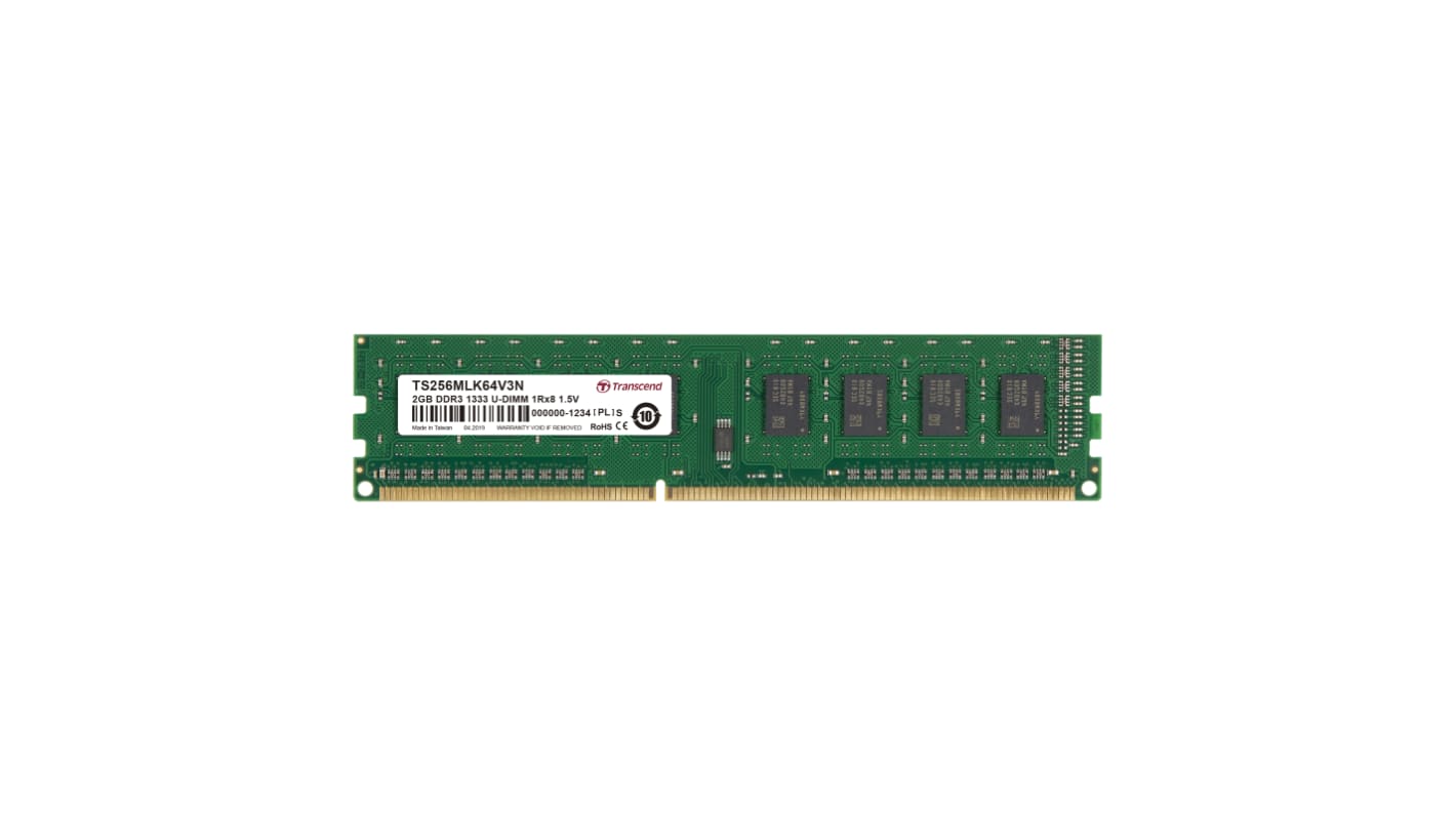 Transcend 台式机, 笔记本内存, 2 GB, DDR3, 1333Mbit/s, UDIMM插槽