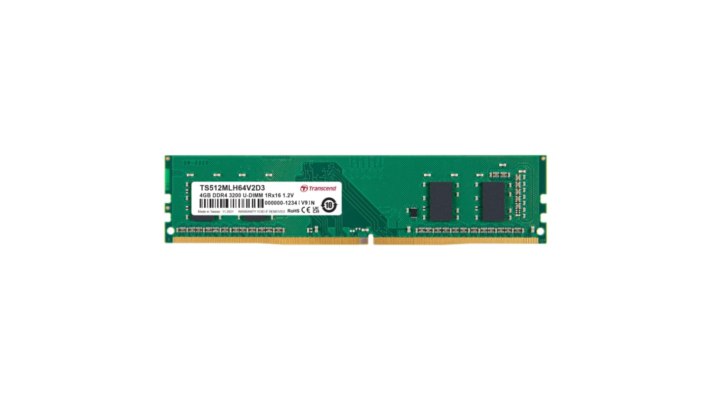 Transcend 台式机, 笔记本内存, 4GB, DDR4, 3200Mbit/s, UDIMM插槽