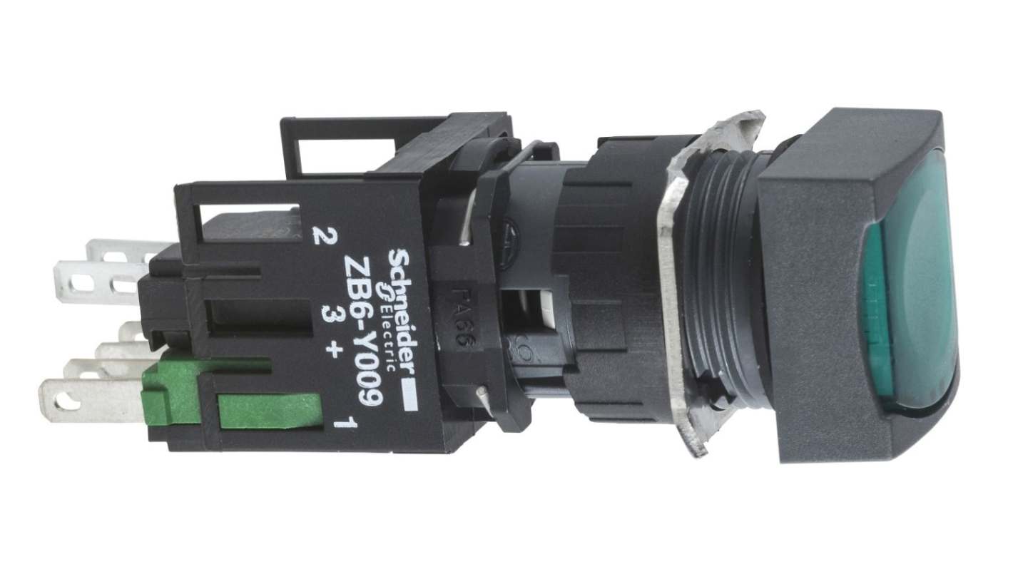 Schneider Electric 带灯按钮, Φ16mm开孔, 面板安装, 瞬时操作, 绿色正方形塑料（座圈）, 单刀单掷, IP65, Harmony XB6系列